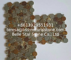 China Rust Slate Mosaic Tile Natural Stone Wall Mosaic Mulicolor Slate Stone Mosaic Slate Mosaic Pattern supplier